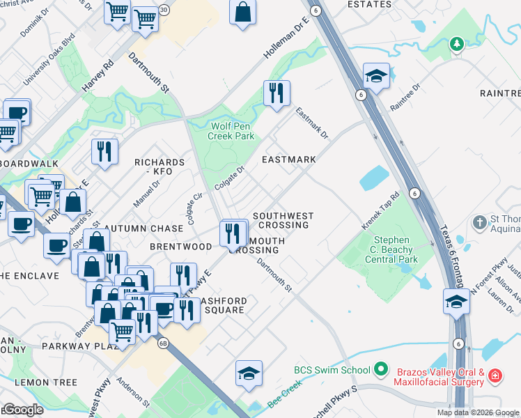 map of restaurants, bars, coffee shops, grocery stores, and more near 808 Azalea Court in College Station