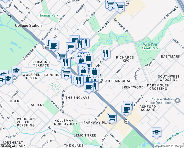 map of restaurants, bars, coffee shops, grocery stores, and more near 201 Holleman Drive East in College Station