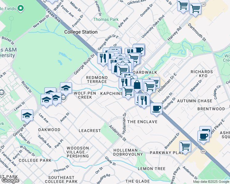 map of restaurants, bars, coffee shops, grocery stores, and more near 1629 Park Pl in College Station