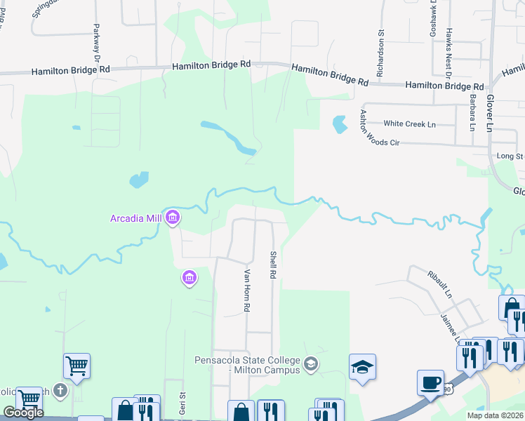 map of restaurants, bars, coffee shops, grocery stores, and more near 4884 Shell Road in Milton