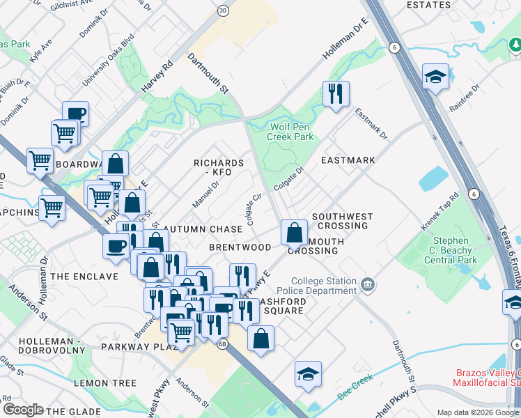 map of restaurants, bars, coffee shops, grocery stores, and more near 501 Lansing Court in College Station