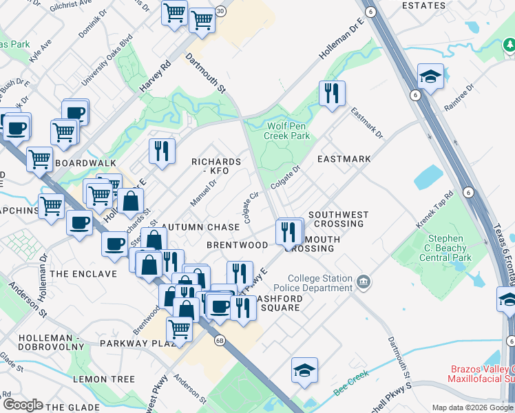 map of restaurants, bars, coffee shops, grocery stores, and more near 501 Lansing Court in College Station