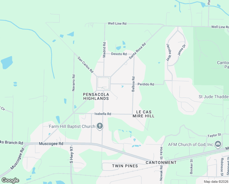 map of restaurants, bars, coffee shops, grocery stores, and more near 148 San Carlos Road in Cantonment