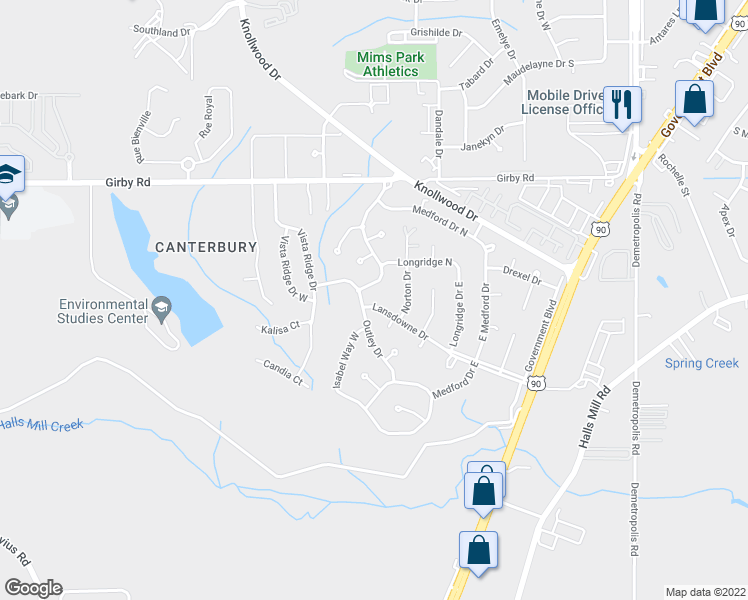 map of restaurants, bars, coffee shops, grocery stores, and more near 5367 Lansdowne Drive in Mobile