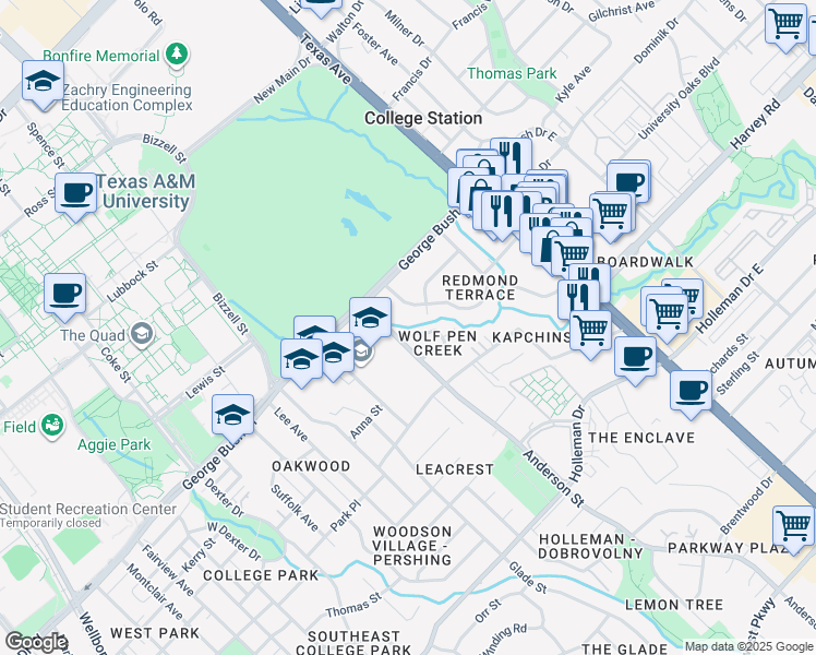 map of restaurants, bars, coffee shops, grocery stores, and more near 1510 Wolf Run in College Station