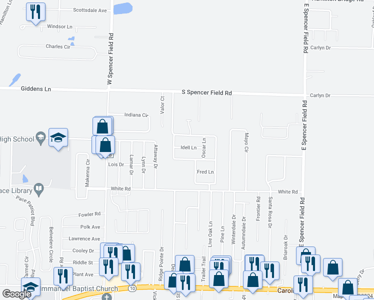 map of restaurants, bars, coffee shops, grocery stores, and more near 4285 Idell Lane in Pace