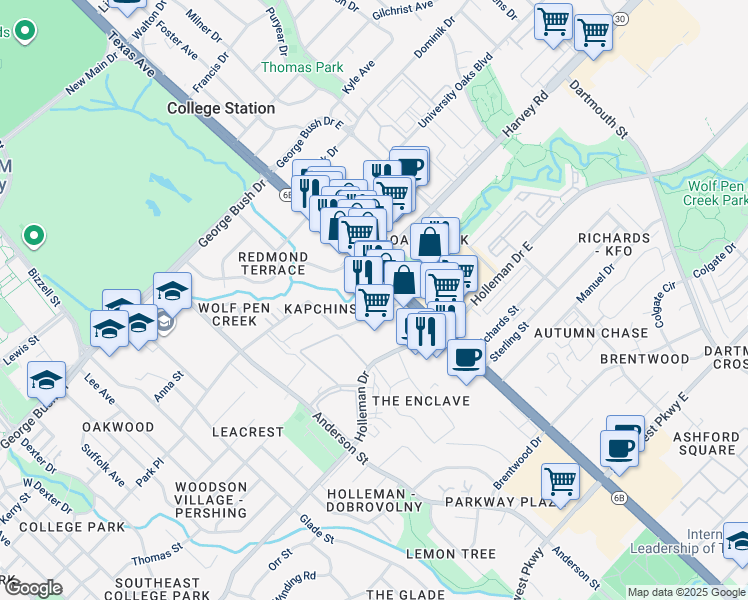 map of restaurants, bars, coffee shops, grocery stores, and more near 1707 Park Place in College Station