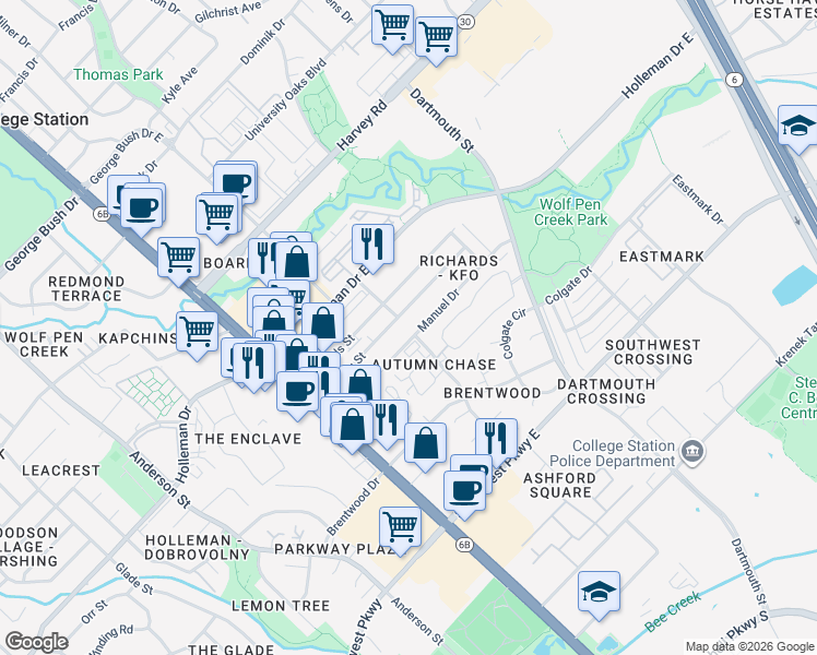 map of restaurants, bars, coffee shops, grocery stores, and more near 301 Manuel Drive in College Station