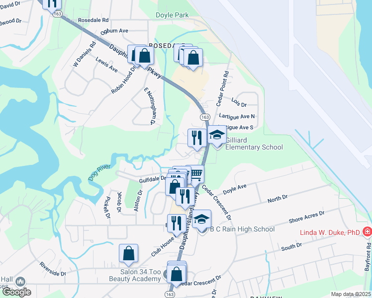 map of restaurants, bars, coffee shops, grocery stores, and more near 1633 Levene Road in Mobile
