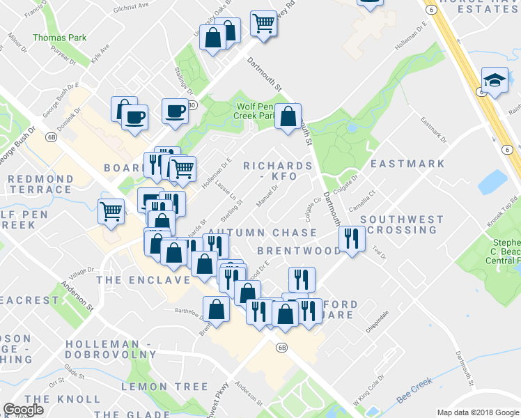 map of restaurants, bars, coffee shops, grocery stores, and more near 2250 Dartmouth Street in College Station