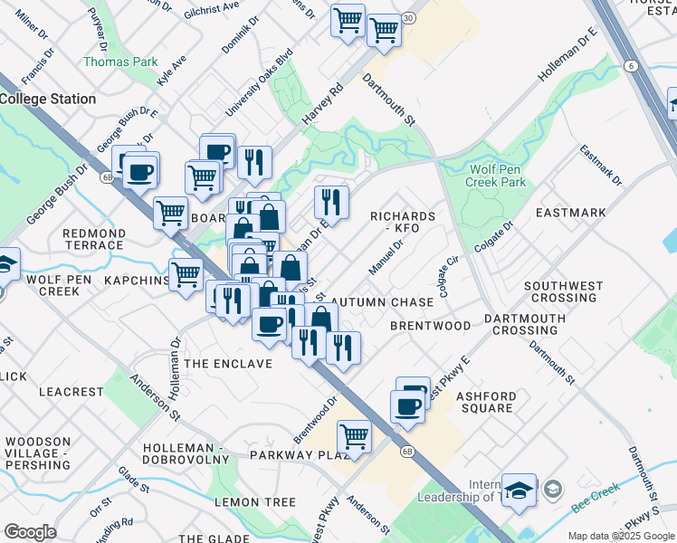 map of restaurants, bars, coffee shops, grocery stores, and more near 117 Sterling Street in College Station