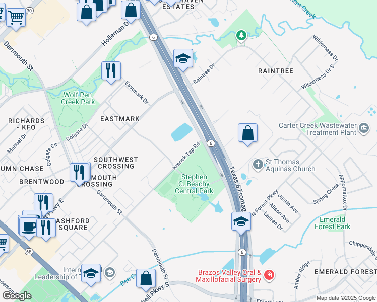 map of restaurants, bars, coffee shops, grocery stores, and more near 3101 Central Park Lane in College Station
