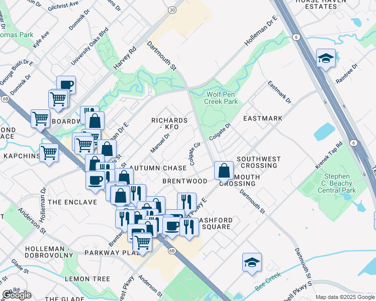 map of restaurants, bars, coffee shops, grocery stores, and more near 2312 Colgate Circle in College Station