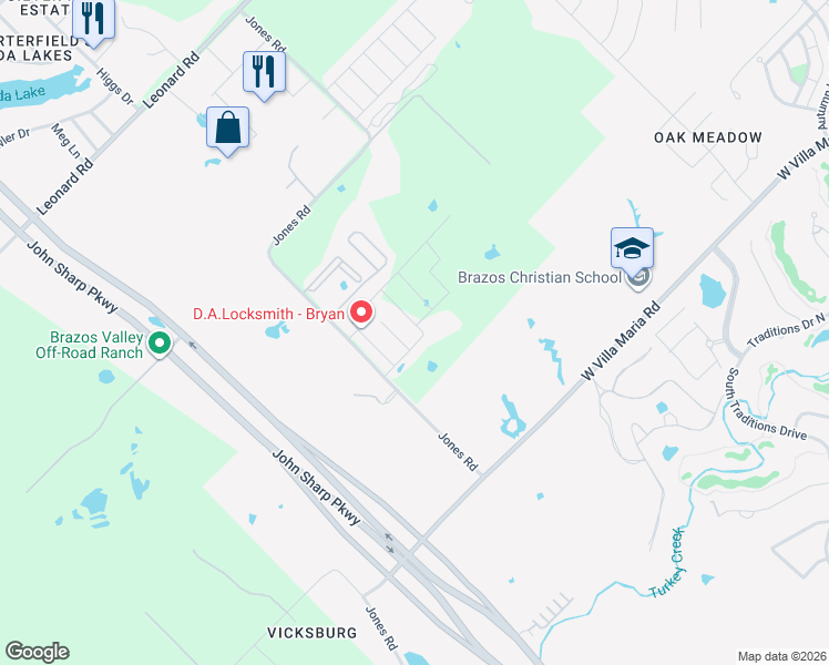 map of restaurants, bars, coffee shops, grocery stores, and more near 6123 Jones Road in Bryan