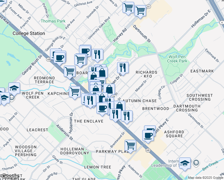 map of restaurants, bars, coffee shops, grocery stores, and more near 119 Richards Street in College Station