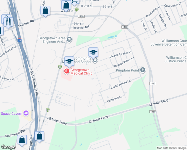 map of restaurants, bars, coffee shops, grocery stores, and more near 114 Mourning Dove Lane in Georgetown