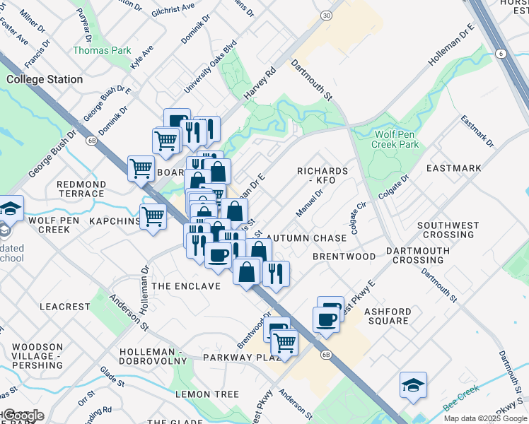 map of restaurants, bars, coffee shops, grocery stores, and more near 200B Richards Street in College Station
