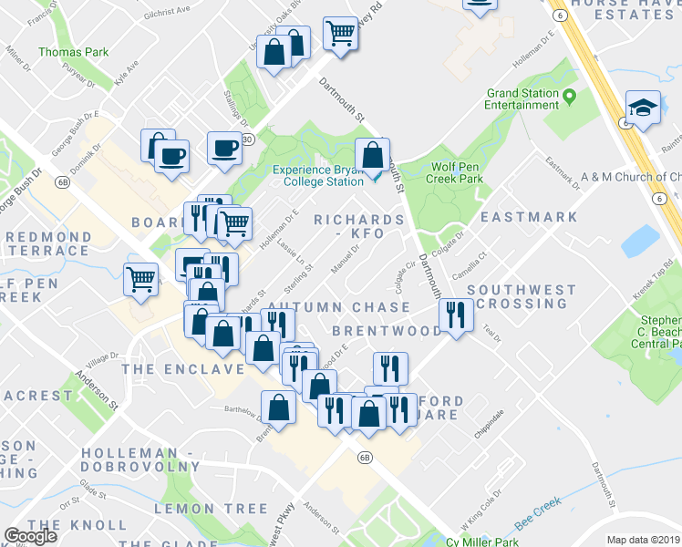 map of restaurants, bars, coffee shops, grocery stores, and more near 2250 Dartmouth Street in College Station