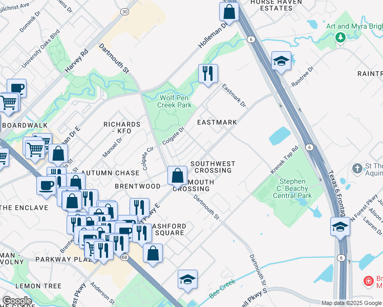 map of restaurants, bars, coffee shops, grocery stores, and more near 815 Azalea Court in College Station