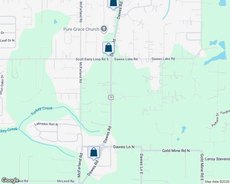 map of restaurants, bars, coffee shops, grocery stores, and more near Dawes Road in Mobile
