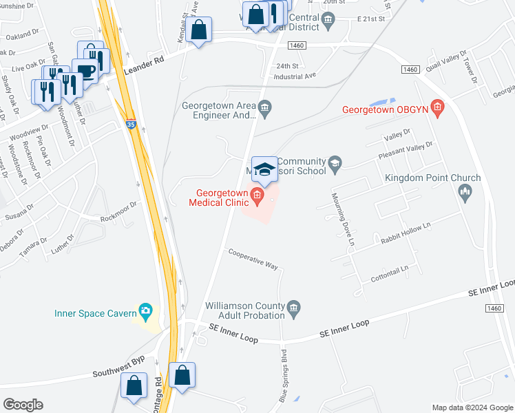 map of restaurants, bars, coffee shops, grocery stores, and more near 3201 South Austin Avenue in Georgetown