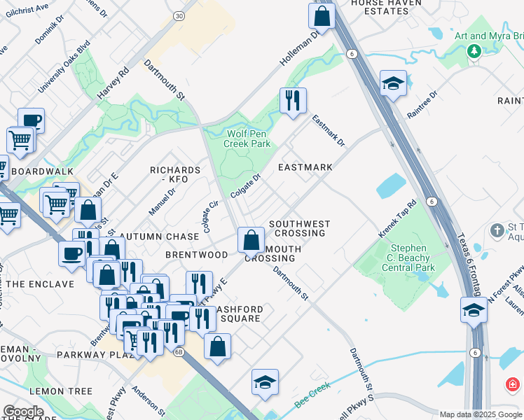 map of restaurants, bars, coffee shops, grocery stores, and more near 808 Azalea Court in College Station