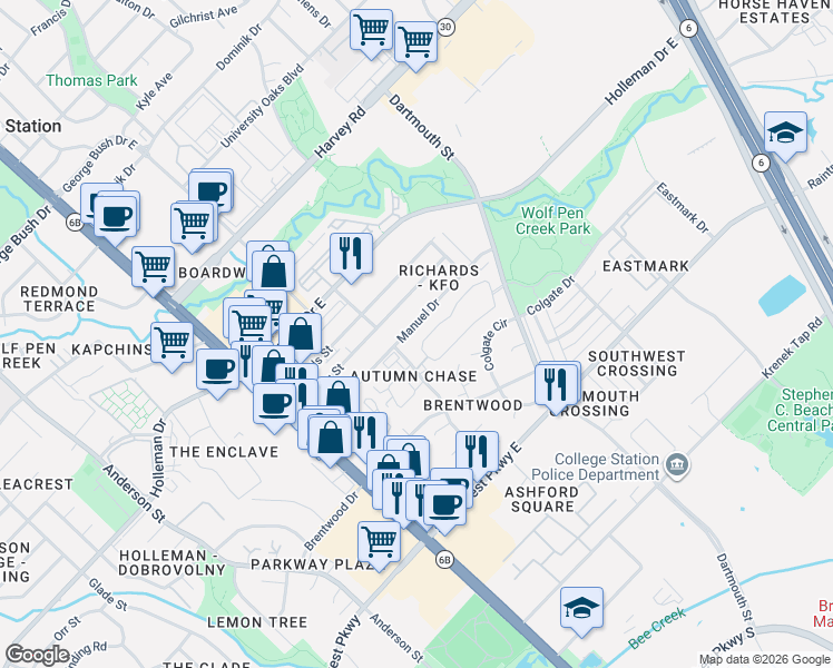 map of restaurants, bars, coffee shops, grocery stores, and more near 2250 Dartmouth Street in College Station