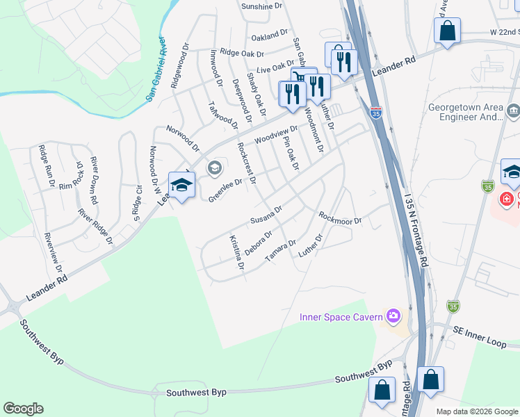map of restaurants, bars, coffee shops, grocery stores, and more near 407 Susana Drive in Georgetown