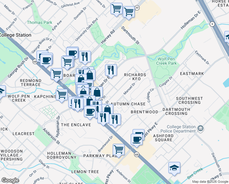 map of restaurants, bars, coffee shops, grocery stores, and more near 117 Sterling Street in College Station