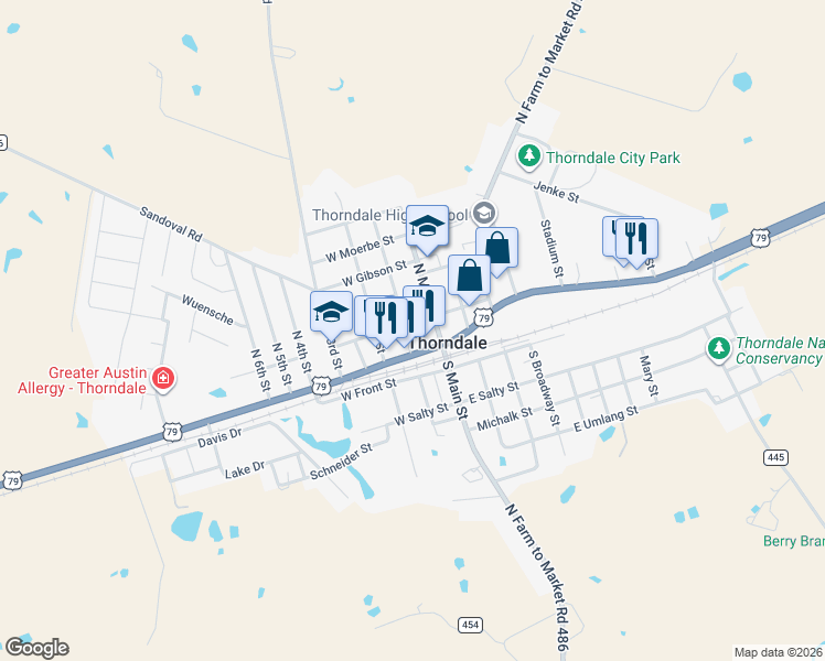 map of restaurants, bars, coffee shops, grocery stores, and more near 210 U.S. 79 in Thorndale