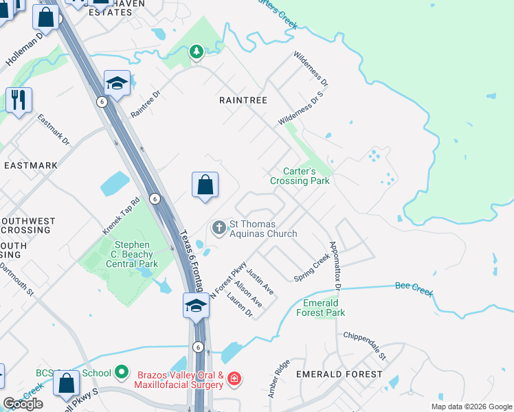 map of restaurants, bars, coffee shops, grocery stores, and more near 2179 Chestnut Oak Circle in College Station