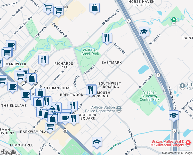 map of restaurants, bars, coffee shops, grocery stores, and more near 808 Azalea Court in College Station