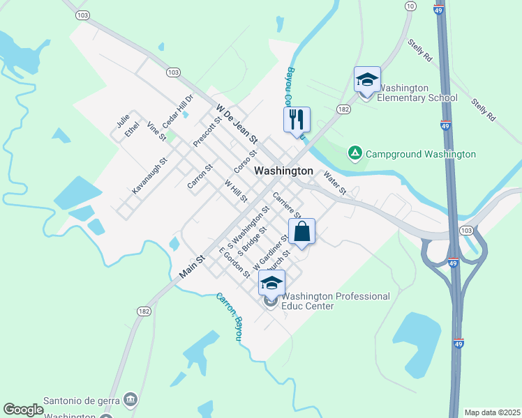 map of restaurants, bars, coffee shops, grocery stores, and more near 132 South Washington Street in Washington