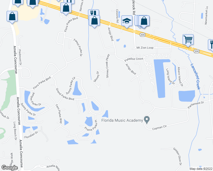 map of restaurants, bars, coffee shops, grocery stores, and more near 96219 Stoney Drive in Fernandina Beach