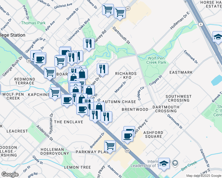 map of restaurants, bars, coffee shops, grocery stores, and more near 215 Sterling Street in College Station