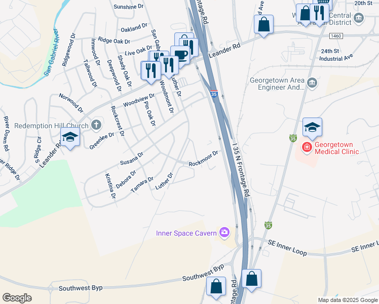 map of restaurants, bars, coffee shops, grocery stores, and more near 908 Rockmoor Drive in Georgetown