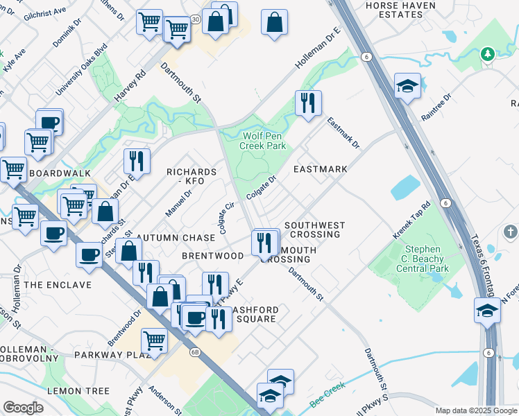 map of restaurants, bars, coffee shops, grocery stores, and more near 2201 Colgate Drive in College Station