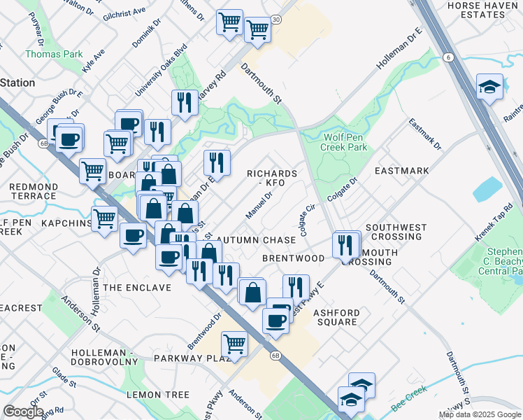 map of restaurants, bars, coffee shops, grocery stores, and more near 308 Manuel Drive in College Station