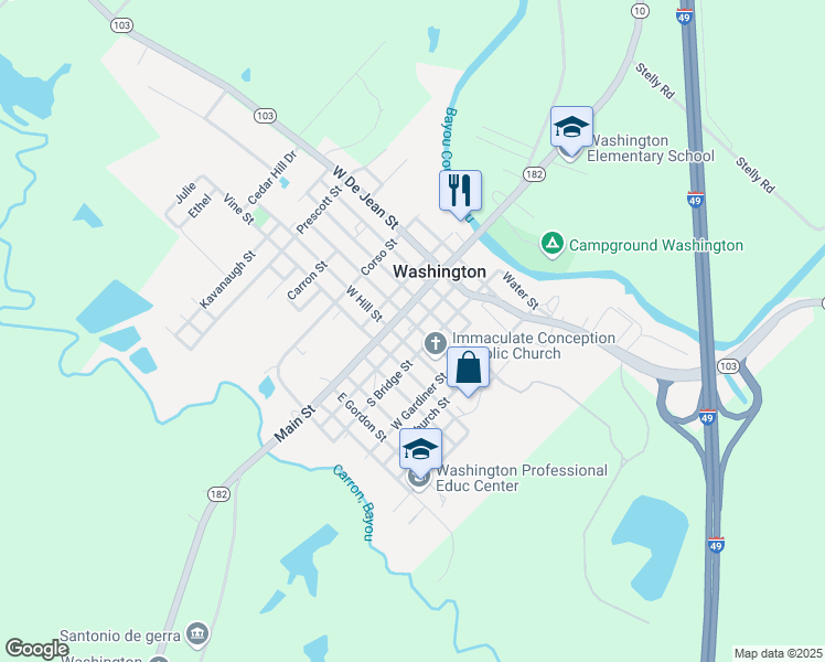 map of restaurants, bars, coffee shops, grocery stores, and more near 132 South Washington Street in Washington
