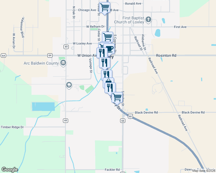 map of restaurants, bars, coffee shops, grocery stores, and more near Alabama 59 in Loxley