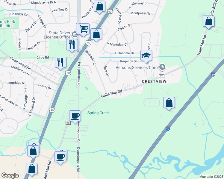 map of restaurants, bars, coffee shops, grocery stores, and more near 1558 Apex Drive in Mobile