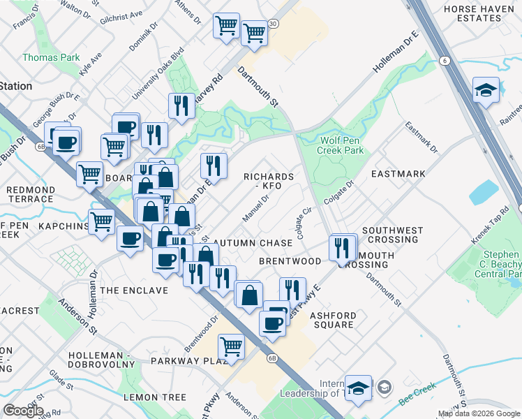 map of restaurants, bars, coffee shops, grocery stores, and more near 319 Manuel Drive in College Station