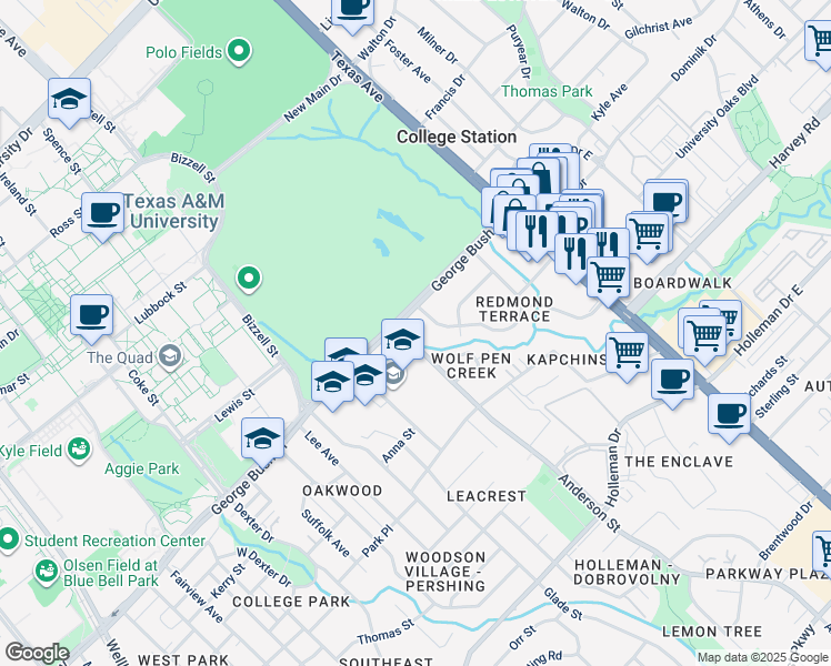 map of restaurants, bars, coffee shops, grocery stores, and more near 100 Redmond Drive in College Station