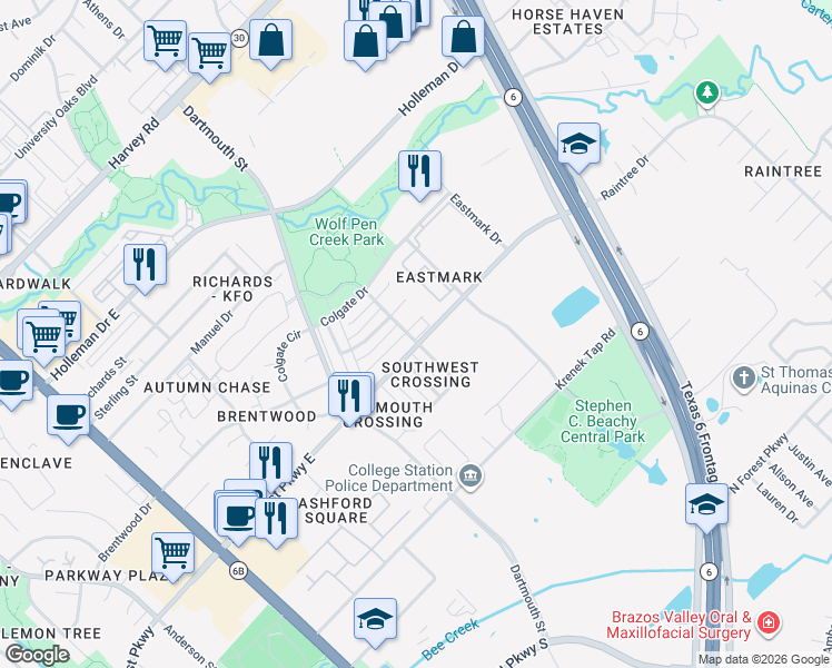 map of restaurants, bars, coffee shops, grocery stores, and more near 905 Azalea Court in College Station