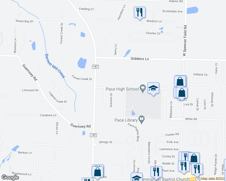 map of restaurants, bars, coffee shops, grocery stores, and more near 4878 Autumn Drive in Pace