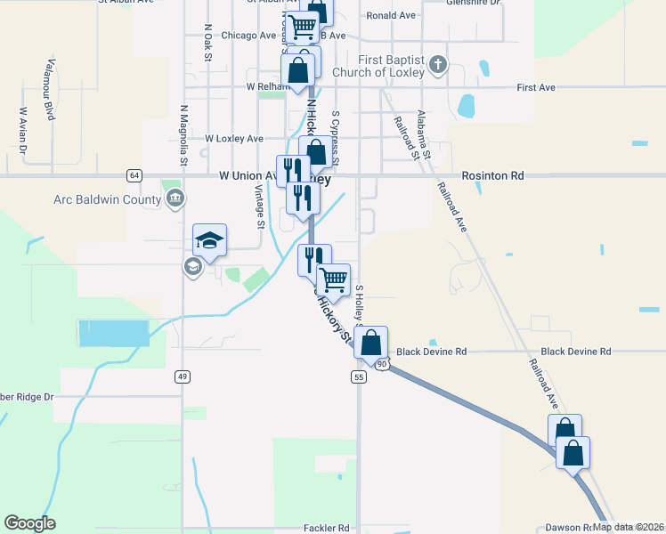 map of restaurants, bars, coffee shops, grocery stores, and more near 75 Fincher Lane in Loxley