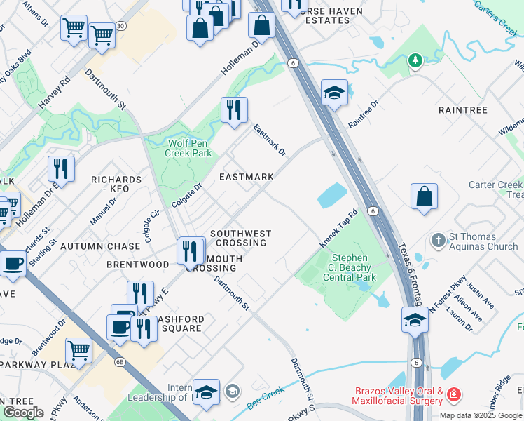 map of restaurants, bars, coffee shops, grocery stores, and more near 2500 Central Park Lane in College Station