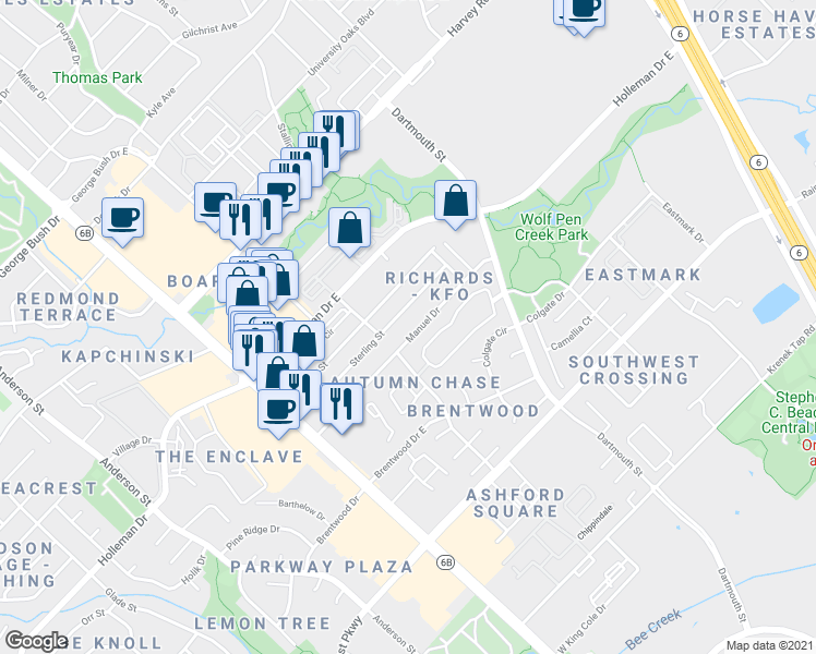 map of restaurants, bars, coffee shops, grocery stores, and more near 215 Sterling Street in College Station