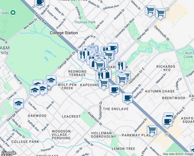 map of restaurants, bars, coffee shops, grocery stores, and more near 1600 Texas Avenue South in College Station