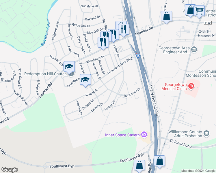 map of restaurants, bars, coffee shops, grocery stores, and more near 209 Susana Drive in Georgetown